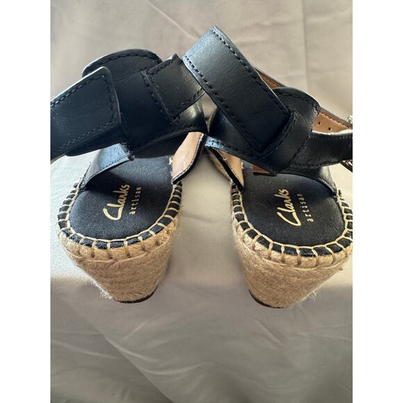 Clarks Artisan Black Leather Espadrille Wedge Sandals Women’s 7M\ - Picture 4 of 7